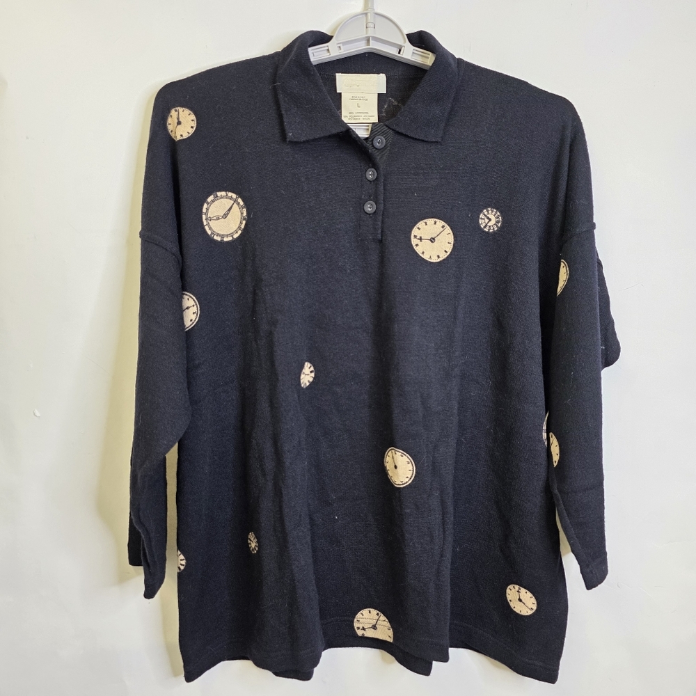 Vintage Black Sweater with Clock Pattern